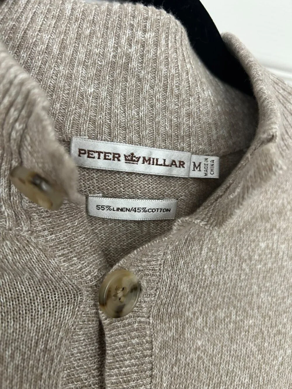 Peter Millar Sweater Mens Medium Linen Cotton Button Mock Neck Pullover Beige